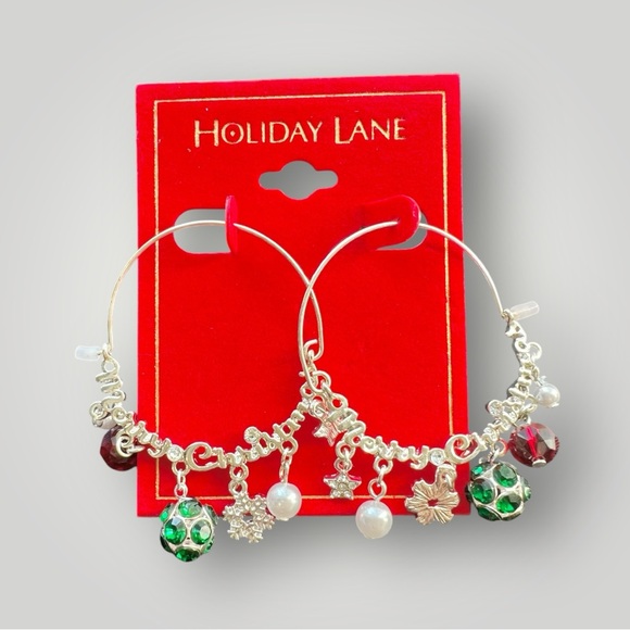 Hoop Earring Merry Christmas Holiday Lane Silver Tone Multicolor 1.5in X 2in New - Picture 2 of 5
